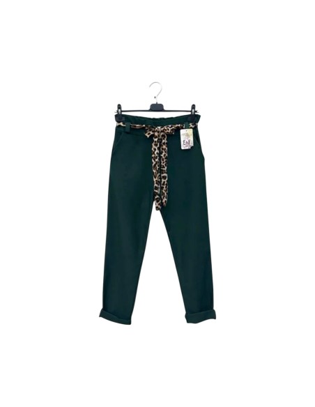 Pantalon femme Vert sapin fluide taillé - Ceinture à nouer léopard