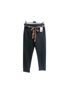 Pantalon femme Noir fluide taillé - Ceinture à nouer léopard