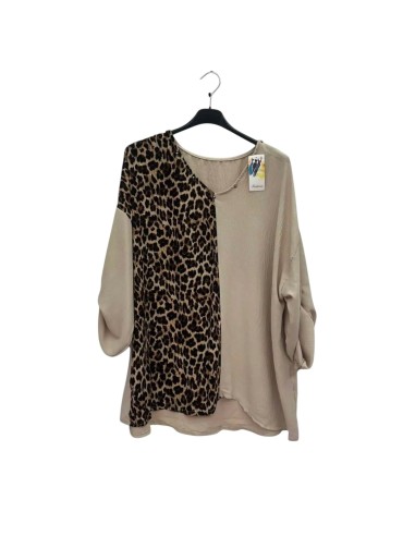 Top femme grande taille bi léopard & uni - Manches avec patte de maintien - Taille unique grande taille (du 42/44 au 50/52)