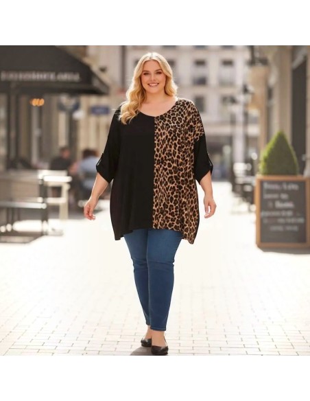 Top femme grande taille bi léopard & uni - Manches avec patte de maintien - Taille unique grande taille (du 42/44 au 50/52)