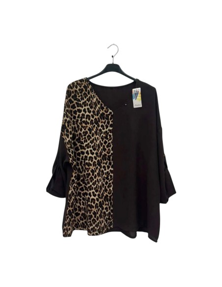 Top femme grande taille bi léopard & uni - Manches avec patte de maintien - Taille unique grande taille (du 42/44 au 50/52)