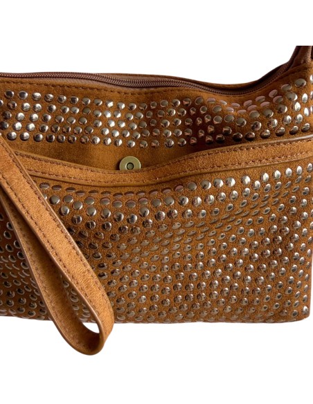 Pochette femme Mandoline à clous Camel - Bandoulière réglable et amovible
