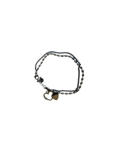Bracelet double rang avec charms cœur ajouré strass et cœur plein en acier inoxydable ajustable