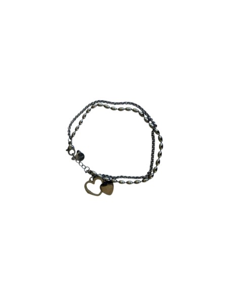 Bracelet double rang avec charms cœur ajouré strass et cœur plein en acier inoxydable ajustable