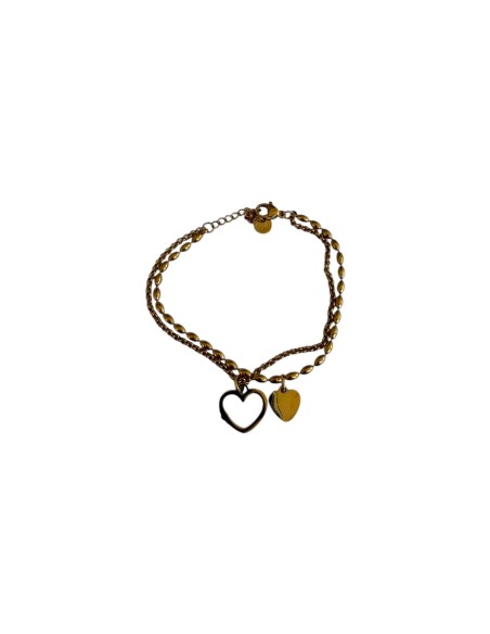 Bracelet double rang avec charms cœur ajouré strass et cœur plein en acier inoxydable ajustable