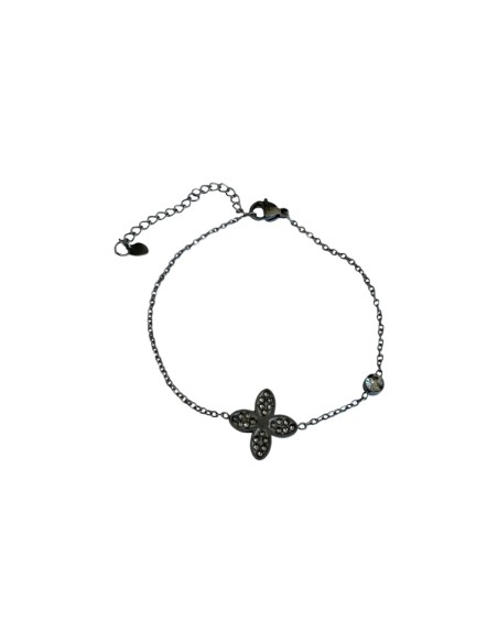 Bracelet chaine argentée trèfle quatre pétales pavé de strass en acier inoxydable ajustable