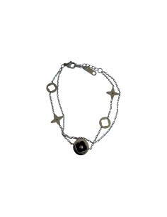 Bracelet pastille trèfle émaille noir et motif ajouré en acier inoxydable ajustable