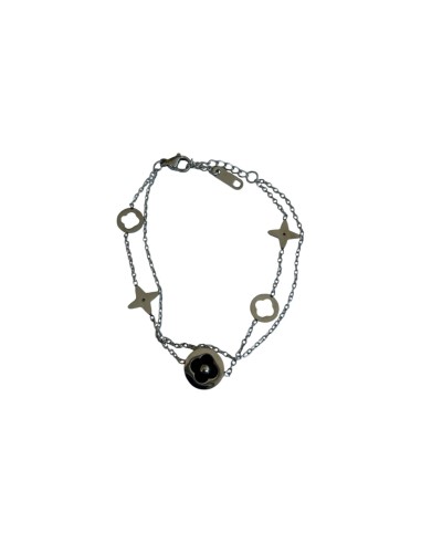 Bracelet pastille trèfle émaille noir et motif ajouré en acier inoxydable ajustable