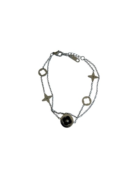 Bracelet pastille trèfle émaille noir et motif ajouré en acier inoxydable ajustable
