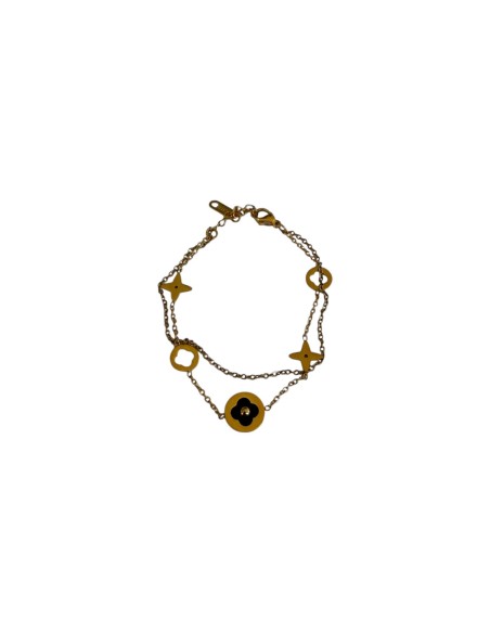 Bracelet pastille trèfle émaille noir et motif ajouré en acier inoxydable ajustable