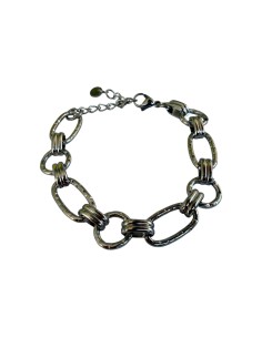 Bracelet argenté maillons ovales et anneaux ciselés alternés en acier inoxydable ajustable