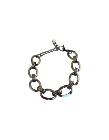 Bracelet argenté grand maillons ovales lisses et anneaux doubles en acier inoxydable ajustable
