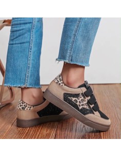 Baskets Findlay à scratchs femme Beige, Noir & Léopard - Étoile et détails pailletés