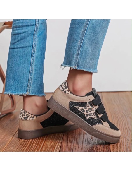 Baskets Findlay à scratchs femme Beige, Noir & Léopard - Étoile et détails pailletés