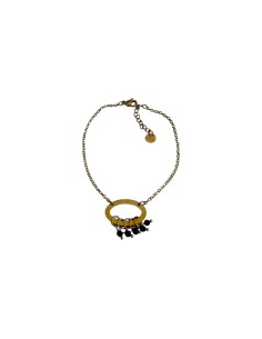 Bracelet doré anneau ovale texturé et pampilles de perles noires en acier inoxydable ajustable