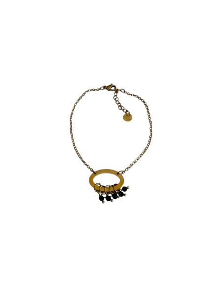 Bracelet doré anneau ovale texturé et pampilles de perles noires en acier inoxydable ajustable