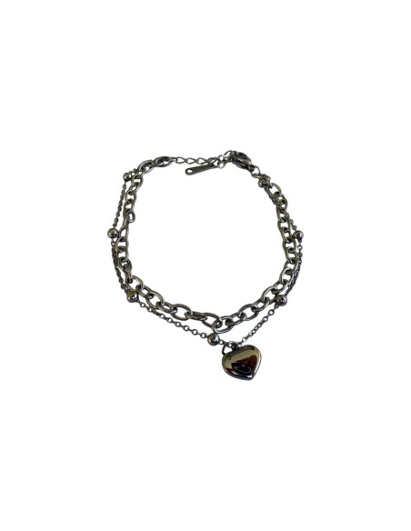 Bracelet double rang pendentif cœur en acier inoxydable ajustable