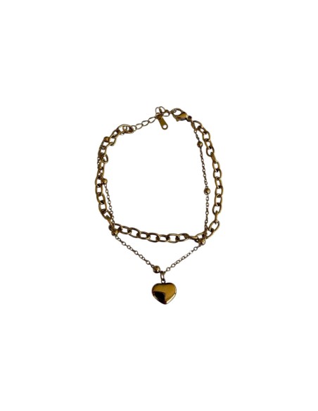 Bracelet double rang pendentif cœur en acier inoxydable ajustable