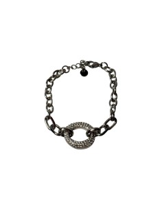 Bracelet argenté chaine jaseron et anneau ovale central strass en acier inoxydable ajustable