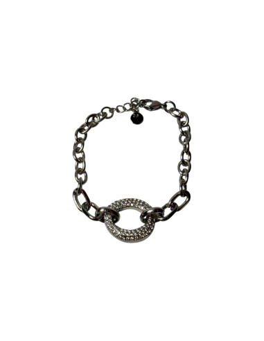 Bracelet argenté chaine jaseron et anneau ovale central strass en acier inoxydable ajustable