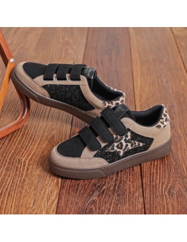 Baskets Findlay à scratchs femme Beige, Noir & Léopard - Étoile et détails pailletés