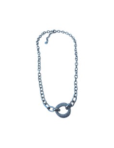 Collier argenté maille jaseron et anneau ovale central pavé de strass en acier inoxydable réglable