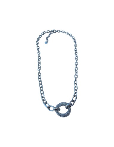 Collier argenté maille jaseron et anneau ovale central pavé de strass en acier inoxydable réglable