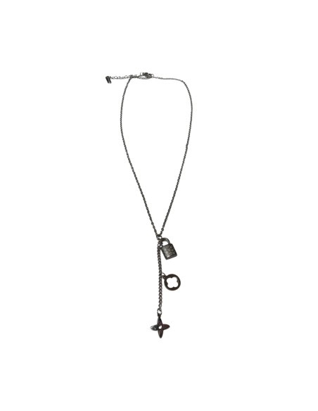 Collier style cravate à pendentif cadenas strass, médaille fleur et fleur en acier inoxydable réglable