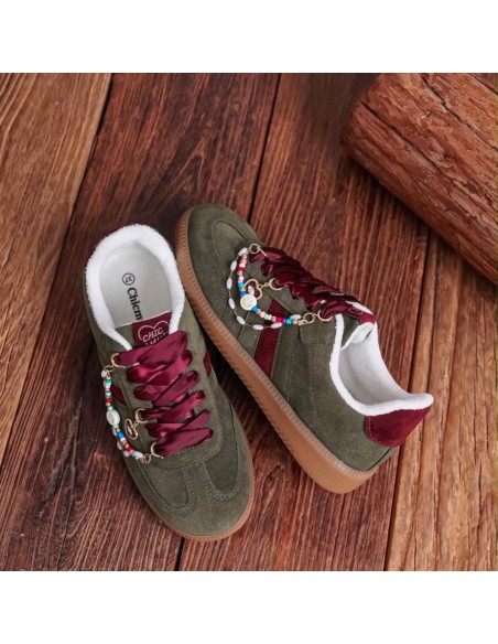 Baskets Chic Muse femme Kaki et Bordeaux à Lacets - Un modèle original et tendance