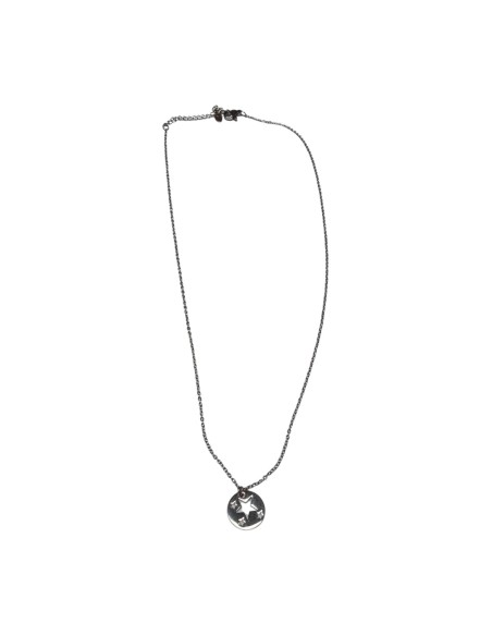 Collier chaine fine et pendentif médaille ronde étoiles ajourées en acier inoxydable réglable