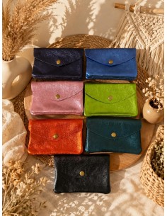 Porte monnaie en cuir irisé grand modèle avec poche zippée