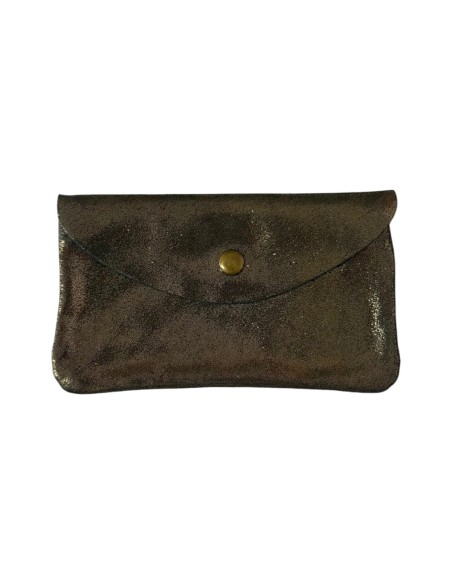 Porte monnaie en croute de cuir  Kaki or grand modèle avec poche zippée