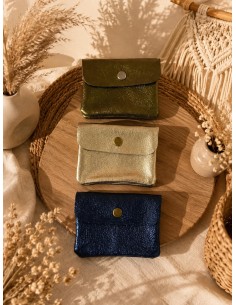 Porte monnaie en cuir irisé petit modèle avec poche zippée