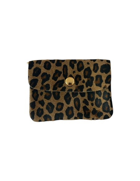 Porte monnaie en croute de cuir léopard - petit modèle avec poche zippée