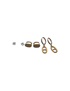 Set de 3 paires de boucles d'oreilles dorées en acier inoxydable - solitaires, créoles et pendantes