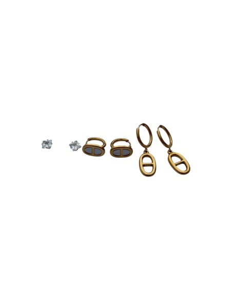 Set de 3 paires de boucles d'oreilles dorées en acier inoxydable - solitaires, créoles et pendantes