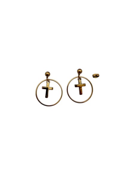 Boucles d'oreilles pendantes dorées grand anneau et croix en acier inoxydable
