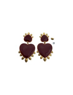 Boucles d'oreilles pendantes cœur émaillé bordeaux ou chocolat et doré en acier inoxydable
