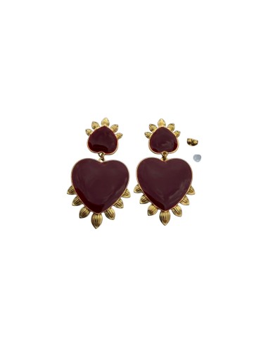 Boucles d'oreilles pendantes cœur émaillé bordeaux ou chocolat et doré en acier inoxydable