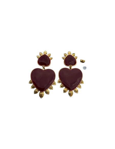 Boucles d'oreilles pendantes cœur émaillé bordeaux ou chocolat et doré en acier inoxydable