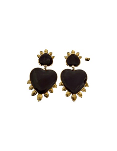 Boucles d'oreilles pendantes cœur émaillé bordeaux ou chocolat et doré en acier inoxydable