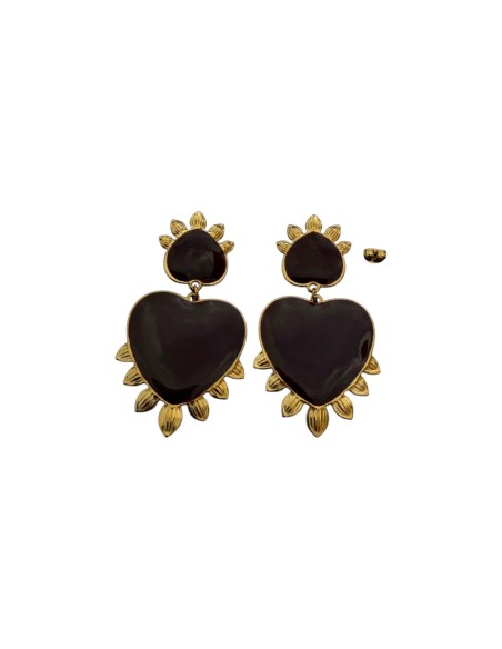 Boucles d'oreilles pendantes cœur émaillé bordeaux ou chocolat et doré en acier inoxydable