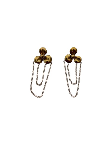 Boucles d'oreilles pendantes fleurs et chainette dorées en acier inoxydable