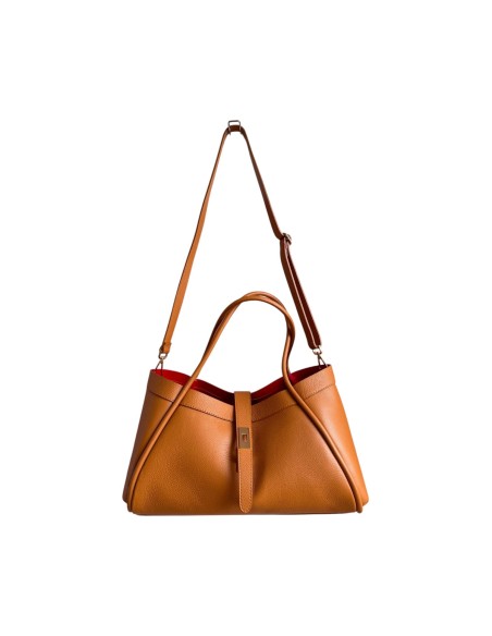 Sac femme en cuir Camel - 2 anses fixes, bandoulière réglable et amovible - Pochette intérieure zippée amovible