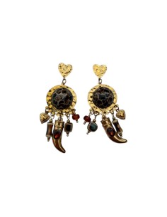 Boucles d'oreilles pendantes boho cœur martelé et breloque corne en acier inoxydable - Somini
