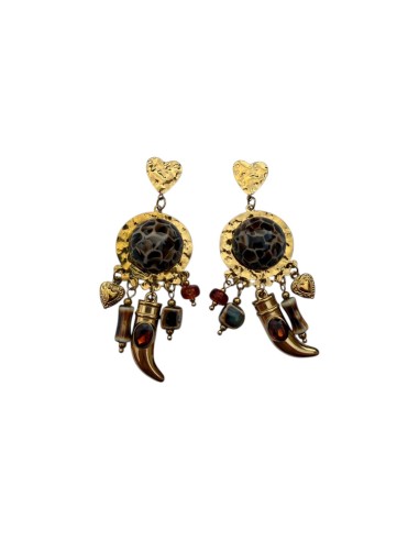 Boucles d'oreilles pendantes boho cœur martelé et breloque corne en acier inoxydable - Somini