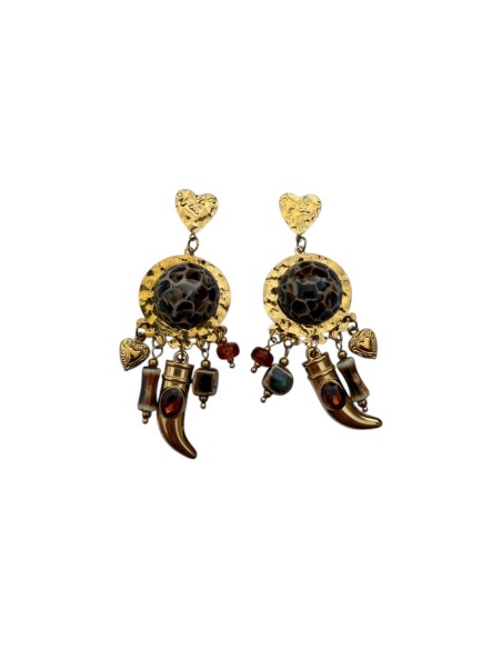 Boucles d'oreilles pendantes boho cœur martelé et breloque corne en acier inoxydable - Somini