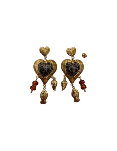 Boucles d'oreilles pendantes boho cœur écaille et breloques poisson en acier inoxydable - Somini