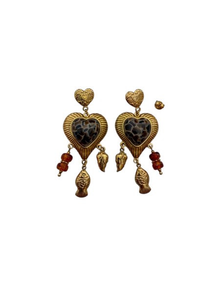 Boucles d'oreilles pendantes boho cœur écaille et breloques poisson en acier inoxydable - Somini