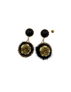 Boucles d'oreilles pendantes Noire dorée sculptée fleur et disque texturé en acier inoxydable - Somini